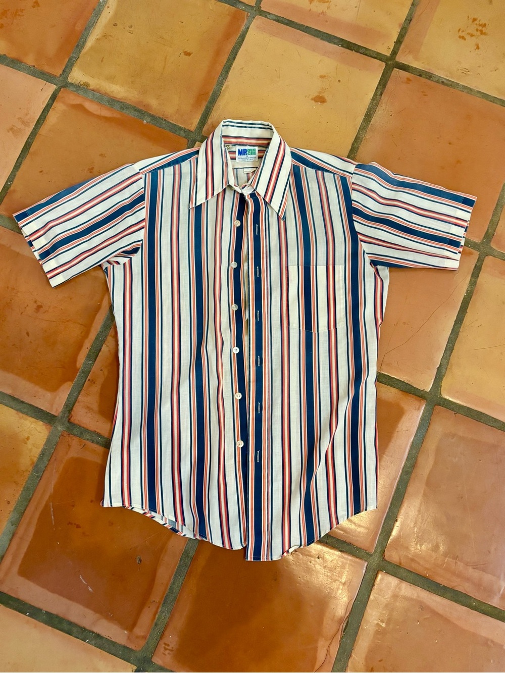 Retro 1970’s Striped Short-Sleeve Button-Up Shirt - Navy, Red & White